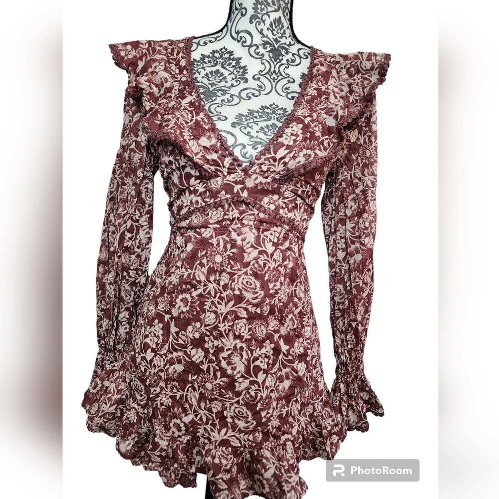 Floral Ruffle V-Neck Mini Dress - Dusty Rose